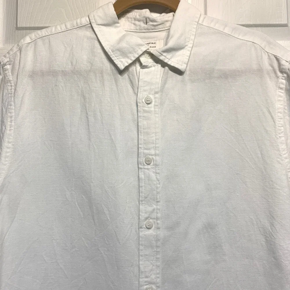 Banana Republic Mens Shirt Large White Slim Linen-Blend Short Sleeve Button Down